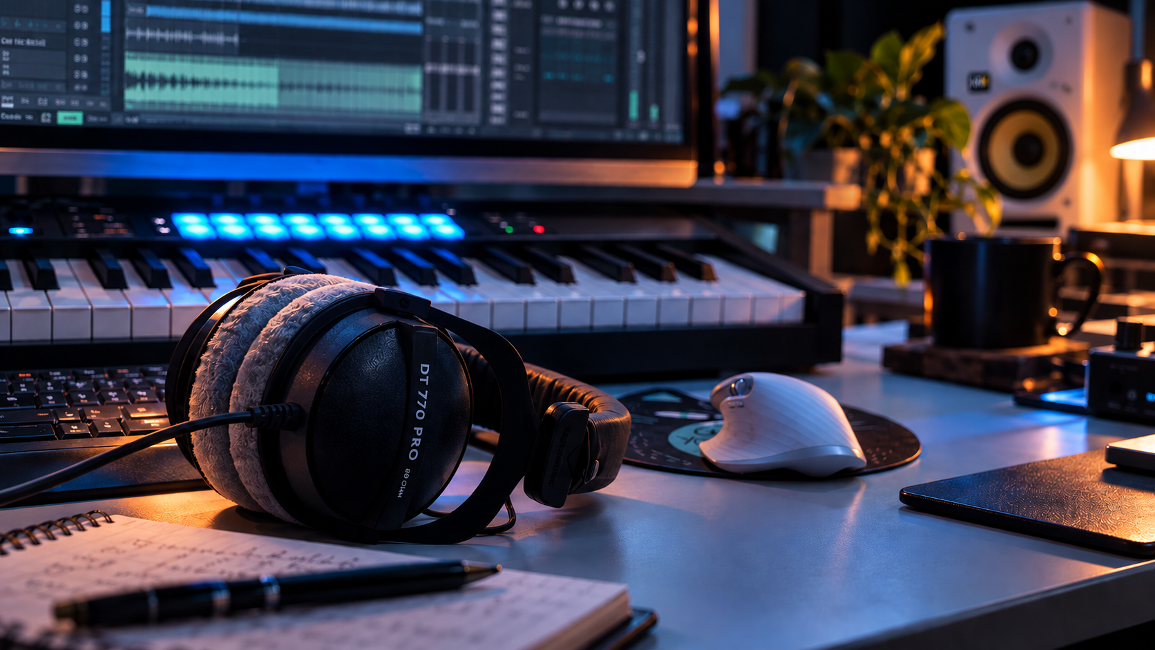 Bureau de production audio avec casque et clavier MIDI
