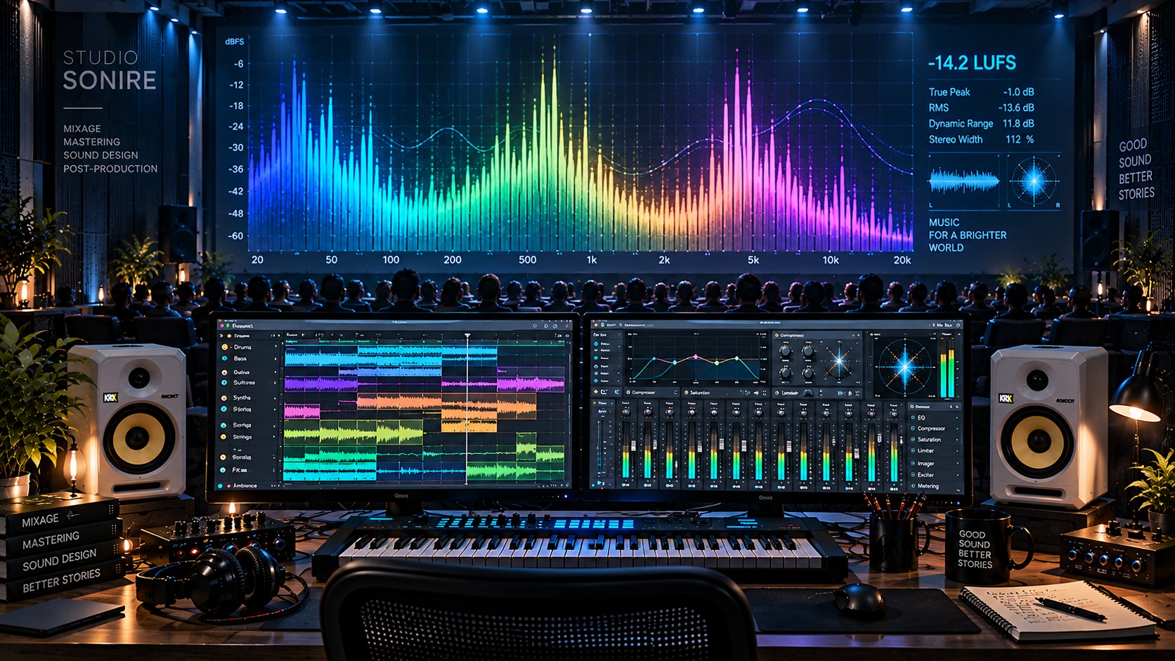 Studio de mixage audio avec analyseur spectral et console de production