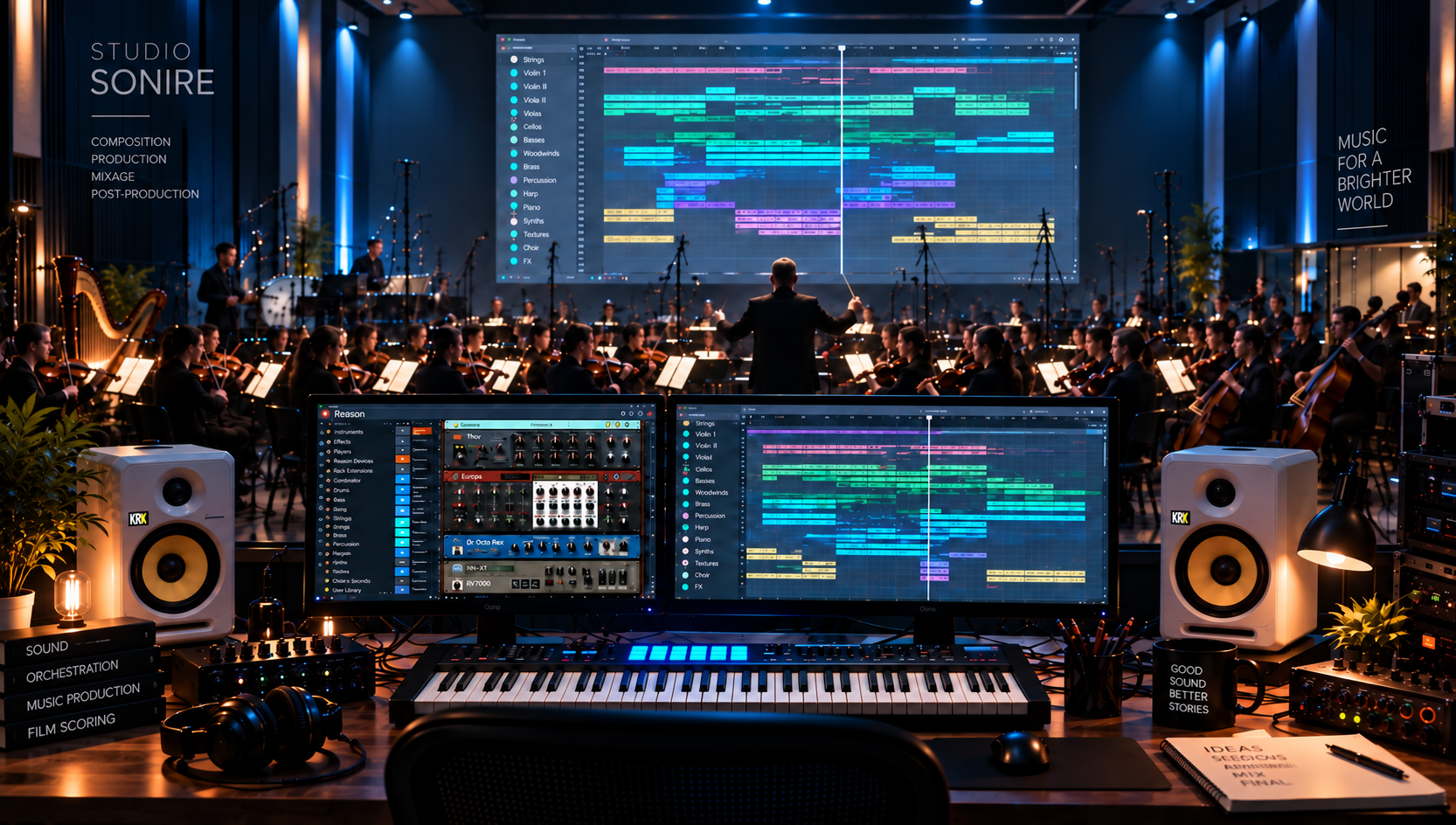 Studio de composition musicale avec orchestre et station de production audio